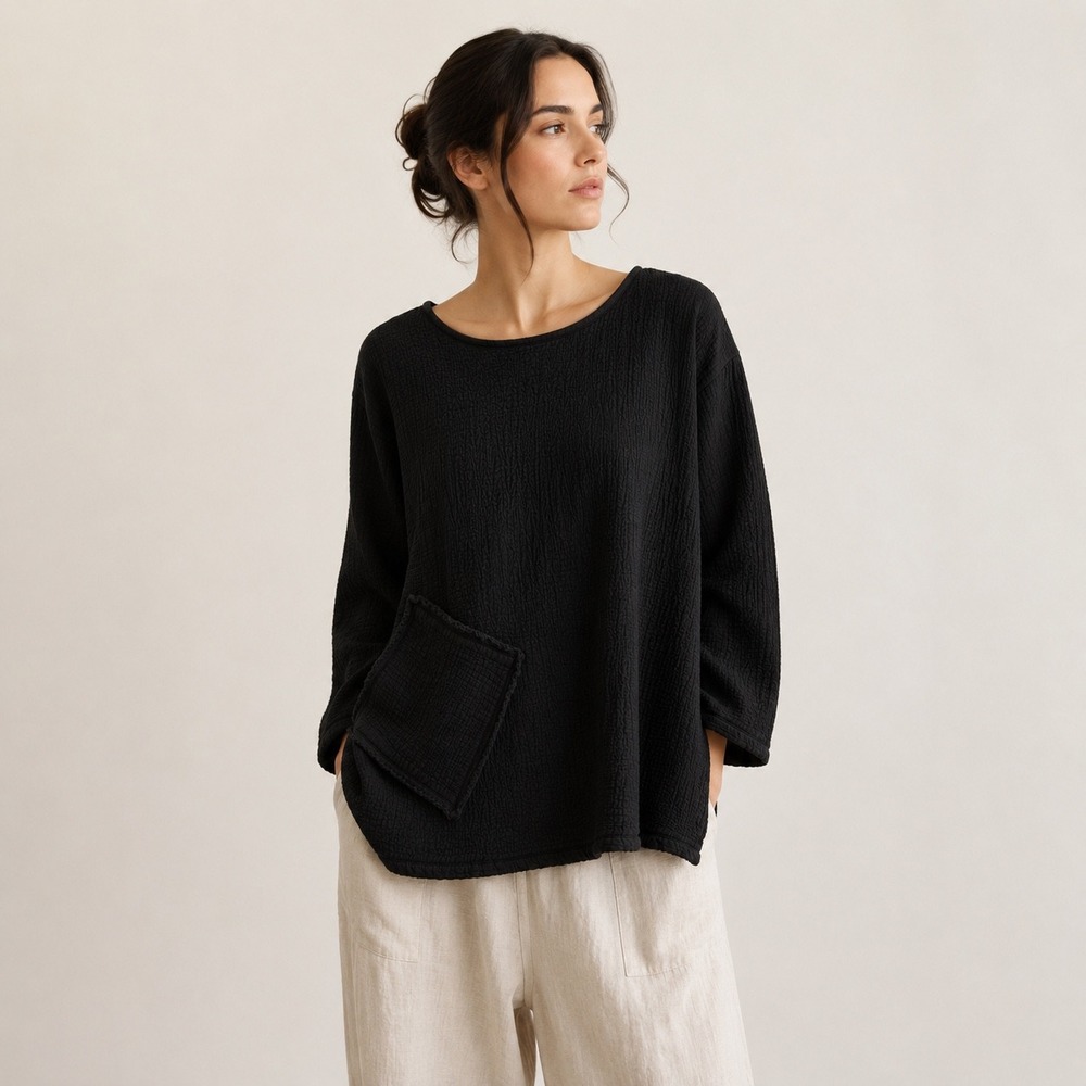 Habitat Textured Pocket Top Blouse Womens M Black Cotton Minimalist Lagenlook